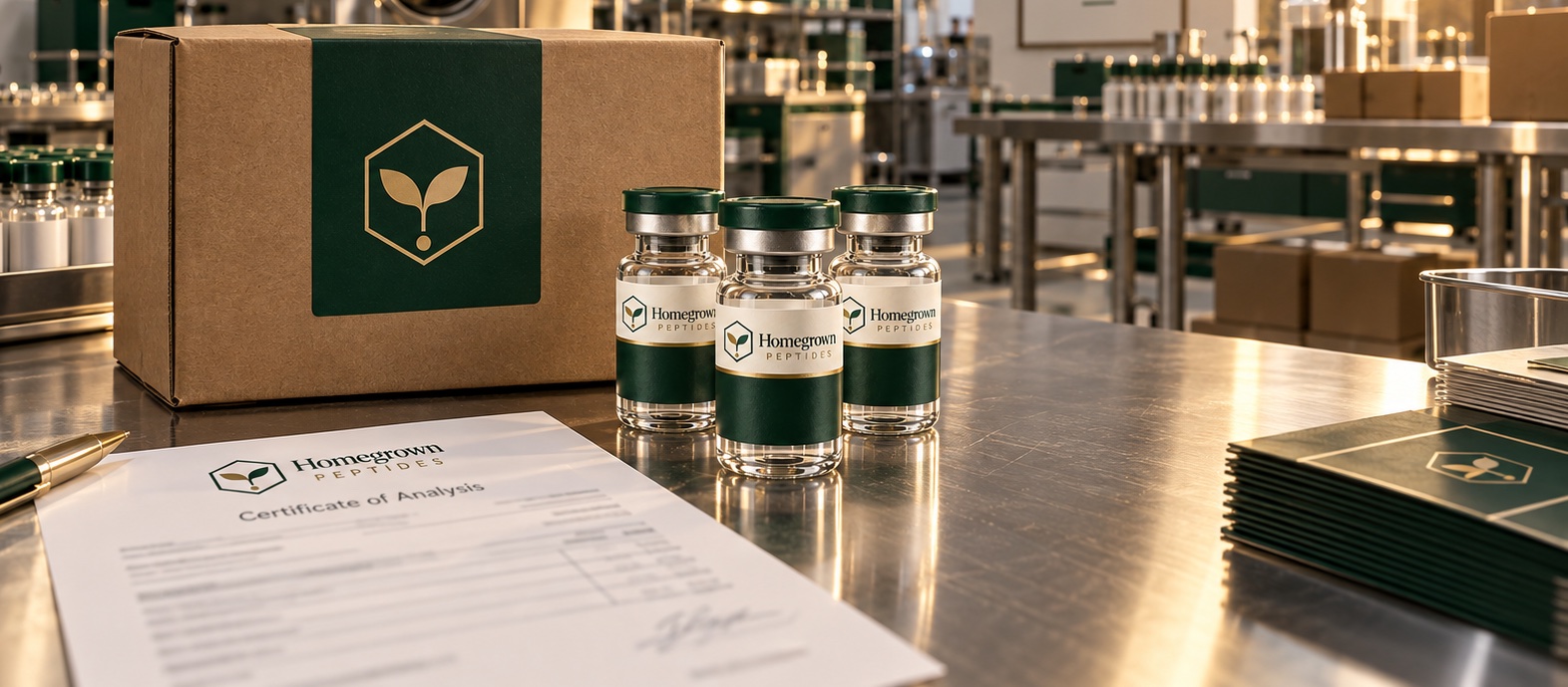 Homegrown Peptides shipping box, vials and Certificate of Analysis